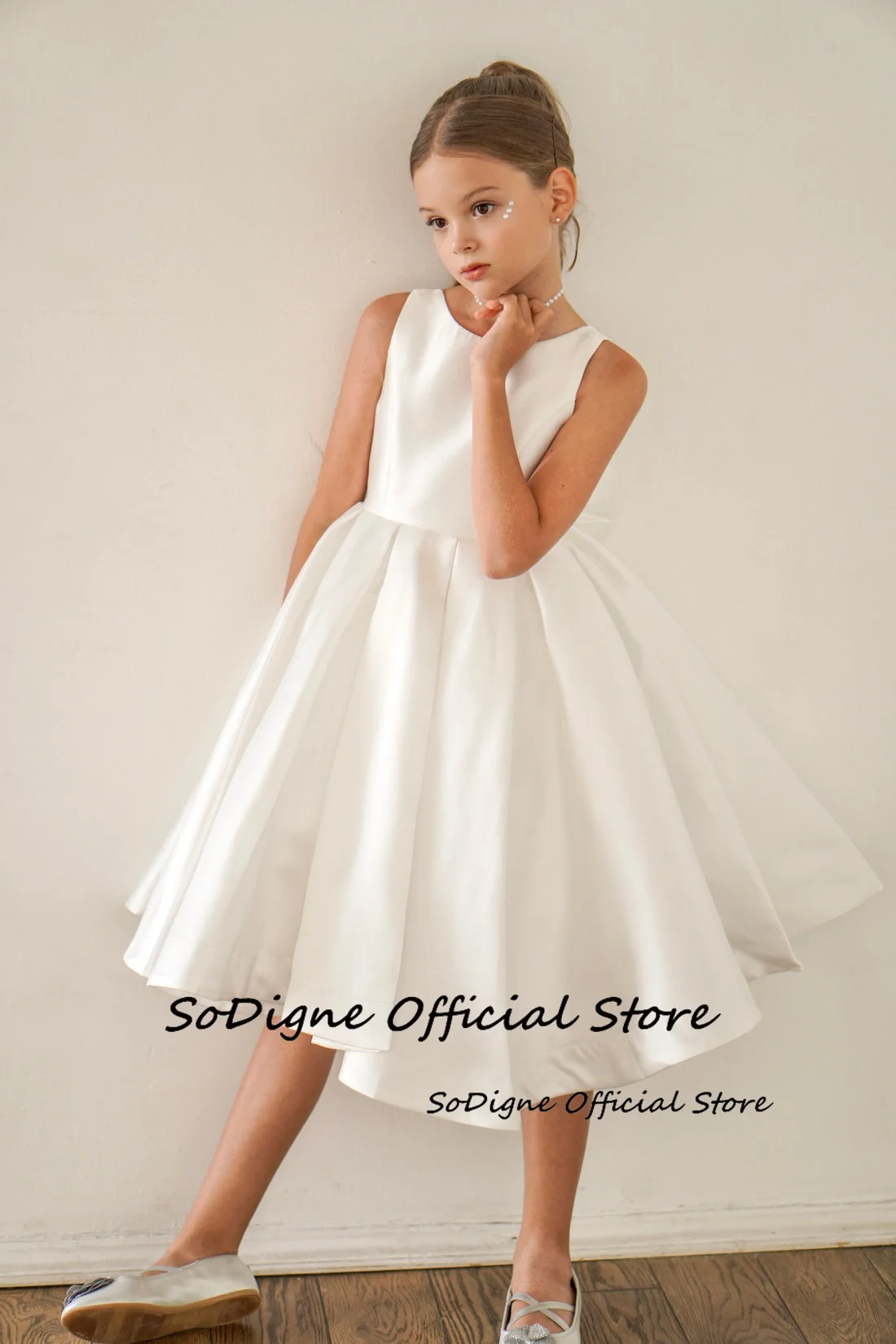 SoDigne A-line Satin Simple Flower Girl Gowns Sleeveless O-neck 2025 Long Girl Birthday Party Dresses with Bow Customized