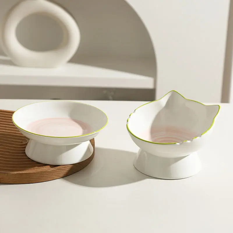 High Foot Oblique Mouth Cat Bowl Ceramic Water Pet Feeding Dish Protect The Cervical Spine From Being Easily Knocked Over