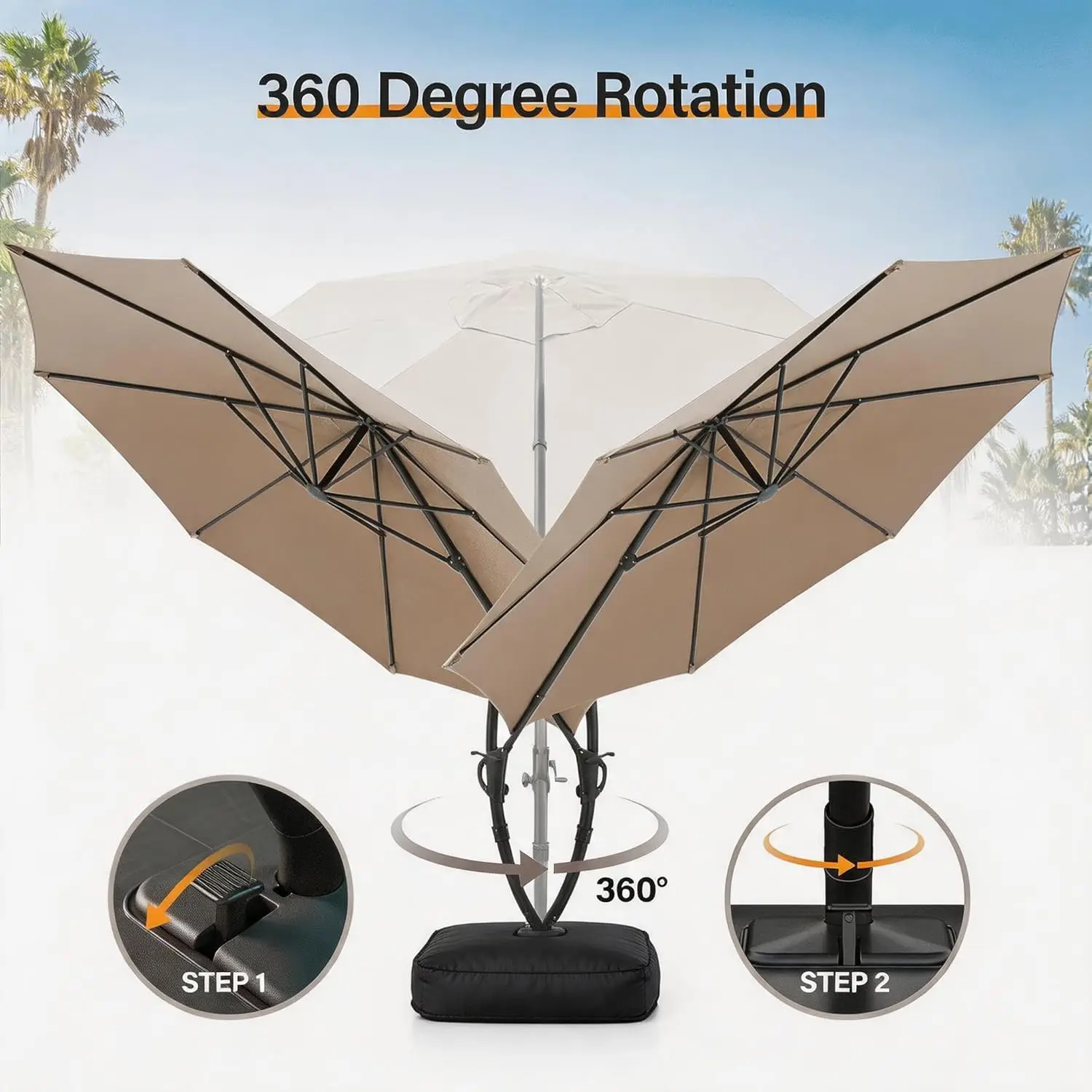 

Deluxe Curvy 10ft Outdoor Patio Umbrella with Base Heavy Duty Offset Hanging Design for Garden Customizable