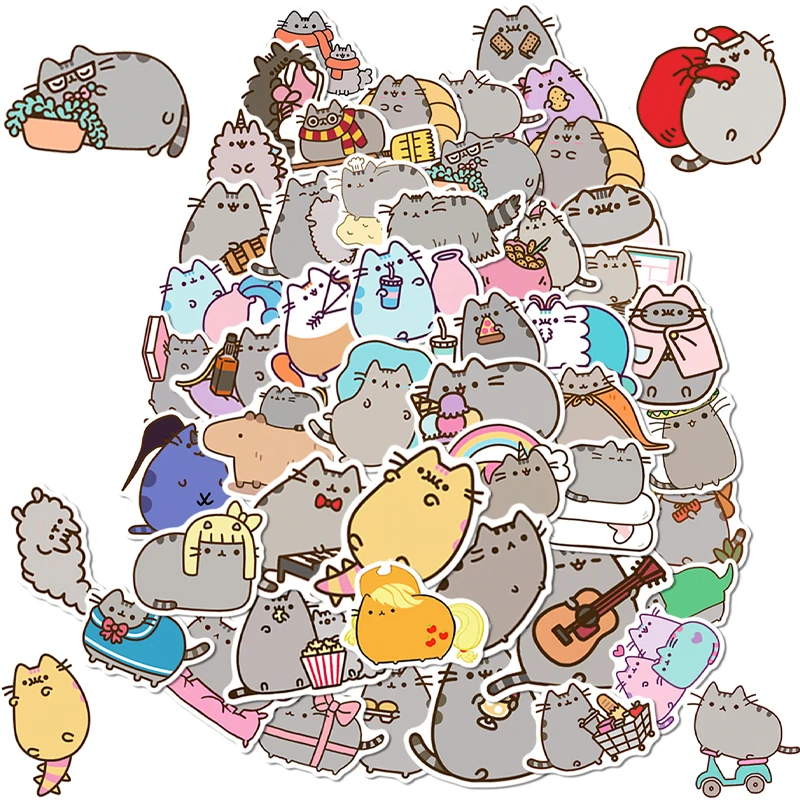 50pcs Pusheens Cute Stickers Kids Anime Cat Classic Toys Water Cup Notebook Laptop Decoration Children Christmas Gift Hot Sales