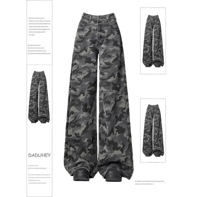 

American Retro Wide Leg Camouflage Jeans For Women in Spring and Autumn New High Waisted Straight Leg Loose Fit Slimming Pants