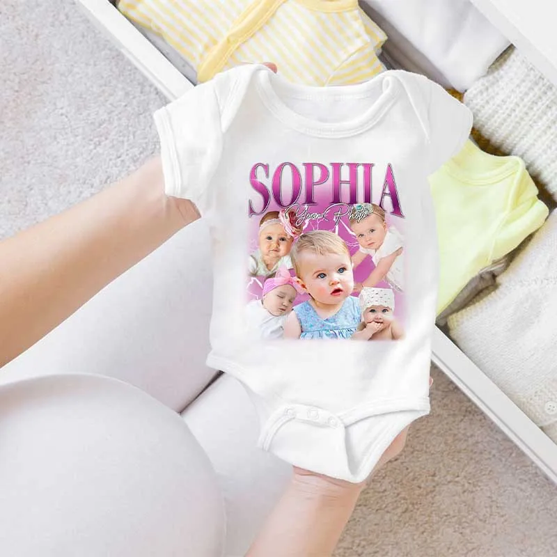 Personalized Baby Bodysuits For Toddler Boys Girls Vintage Custom Bootleg Rap Tee Shirt Photo Collages Babies Onesie For Gifts