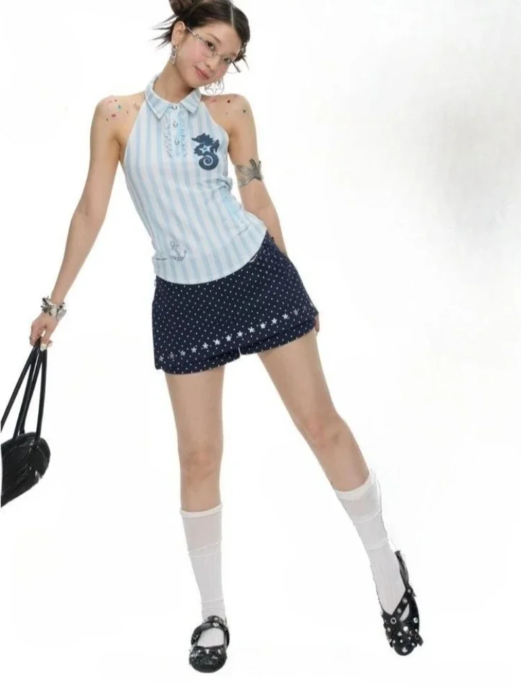 Vertical Stripe Y2k Aesthetics Halter Button Tank Top Women Harajuku Grunge Printing Bodycon Vest Streetwear Vintage Camisole