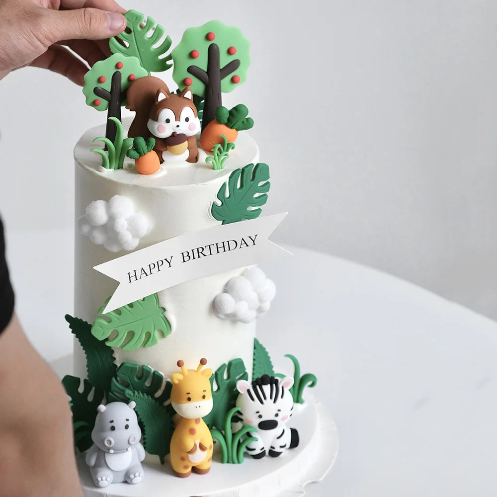 Wald Kleintiere Kuchendeckel Eichhörnchen, Nilpferd, Zebra, Giraffe, Gräser, Obstbäume für Jungen Kindergeburtstag Partydekorationen – Detail 3