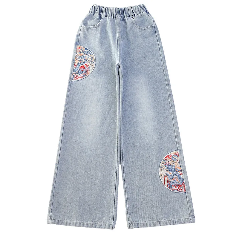 Estate ragazze scuola media moda sciolto tinta unita piccolo amore Jeans pantaloni Casual pantaloni gamba larga 4-10 anni