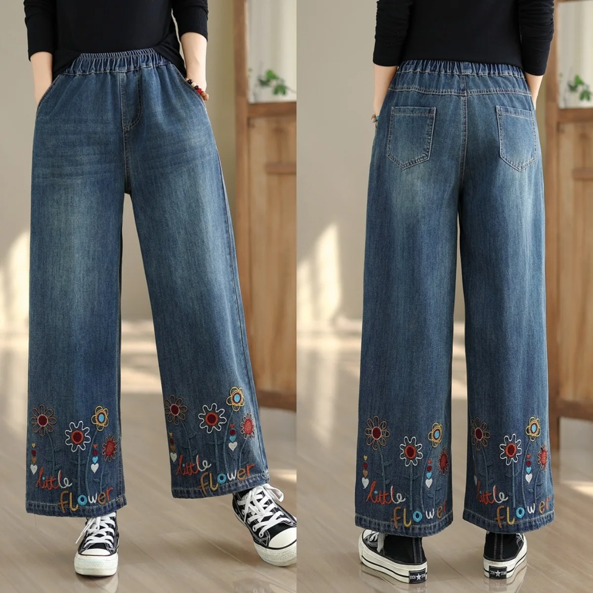 

[Готовый запас] Высококачественные женские джинсовые брюки, осенние джинсы 2025 года, этнический стиль, вышивка, эластичная талия, широкие брюки, повседневные джинсы