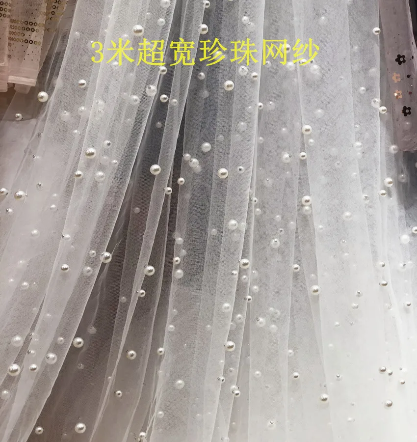 Wide Large and Small Pearls Transparent Background Layout Mesh Widened Pearl Draping Fabric for Wedding Dress Fabric