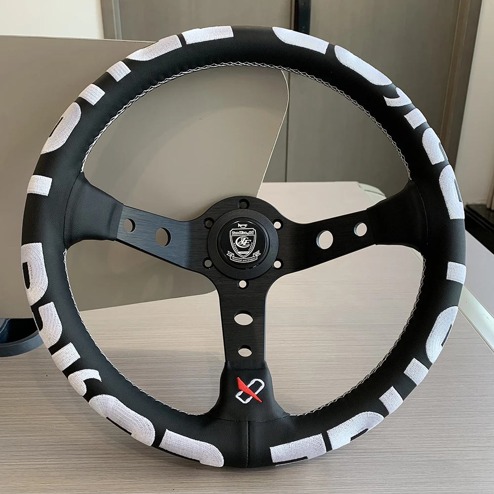 VERTEX White Double-Sided Embroidery Classic Steering Wheel JDM 320MM 6 Hole Deep Concave Sport Steering Wheel for Racing