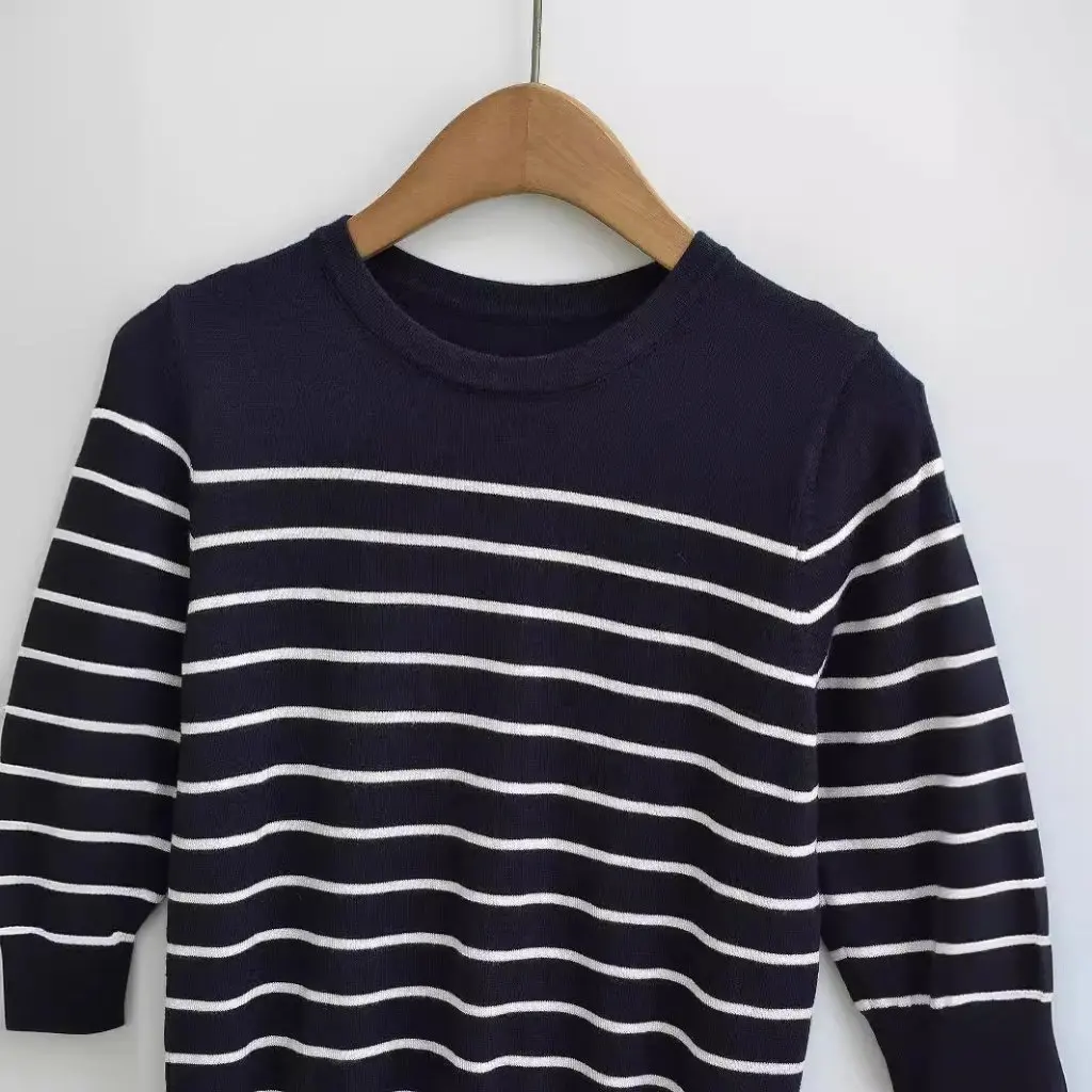 

SLS-3742 Contrast Color Striped Pullover Sweater Summer Short Sleeve Five-Quarter Bottoming Shirt Top for Women