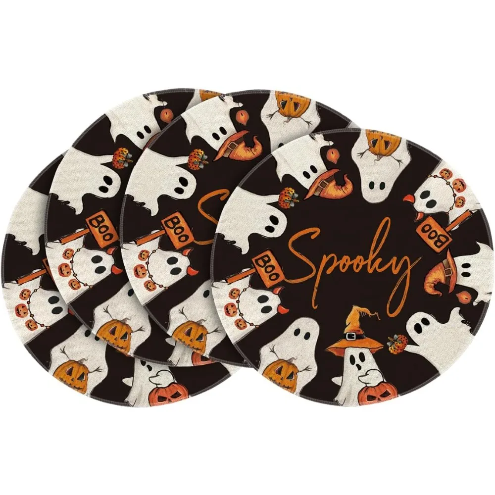 Halloween Round Placemats Non Slip Heat Resistant Washable Table Mats Kitchen Dining Party Decor Placemats Round Tablecloth 4PCS