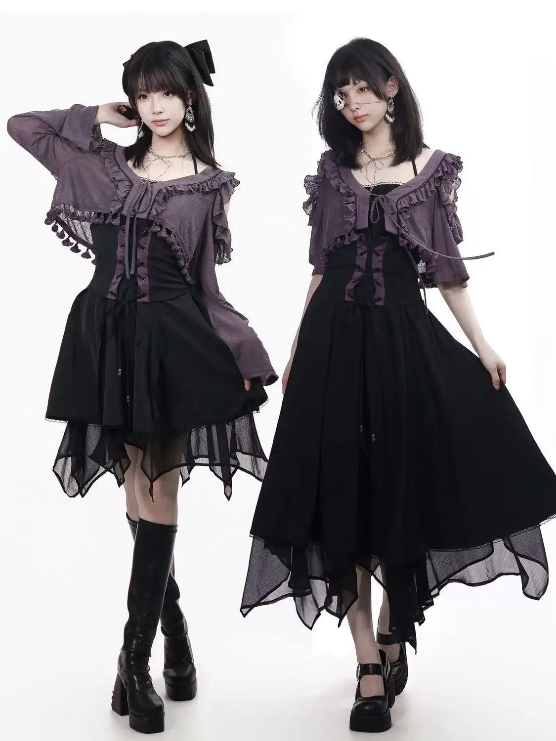 Gothic Lolita 2 Piece Set Women Dark Purple Ruffle Lace Cold Shoulder Lace Up Corset Midi Skirt Subculture Elegant Party Outfit