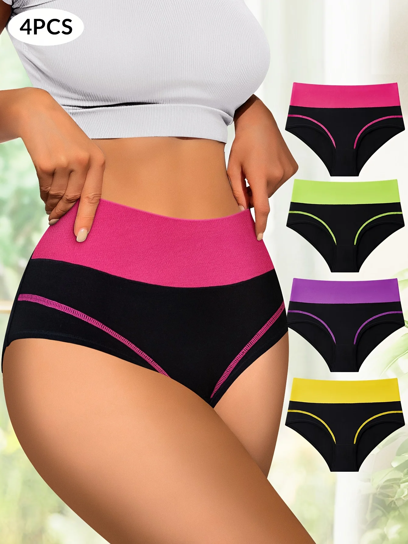 4pcs High Waisted Tummy Tightening Women\'s Panties Fashion Clashing Colors Comfortable Shape Triangle Pants Breathable Cotton