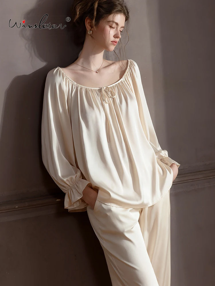 Winsleter-Sexy Women 2 Piece Pajamas Set, Slash Neck Solid, French Sweet Long Sleeve Sleep Homewear, 2026 Summer New S66251CC
