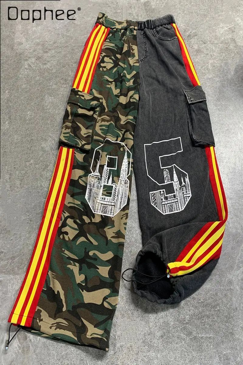 

European Style Casual Pants Women Spring New Personality Camouflage Patchwork Washed Print High Waist Slim Hot Girl Y2K Jeans