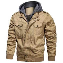Men's Autumn Cotton Jacket with Detachable Hood Casual Tactical Jacket Outdoor Work Cargo Hooded Bomber Jacket USA Size