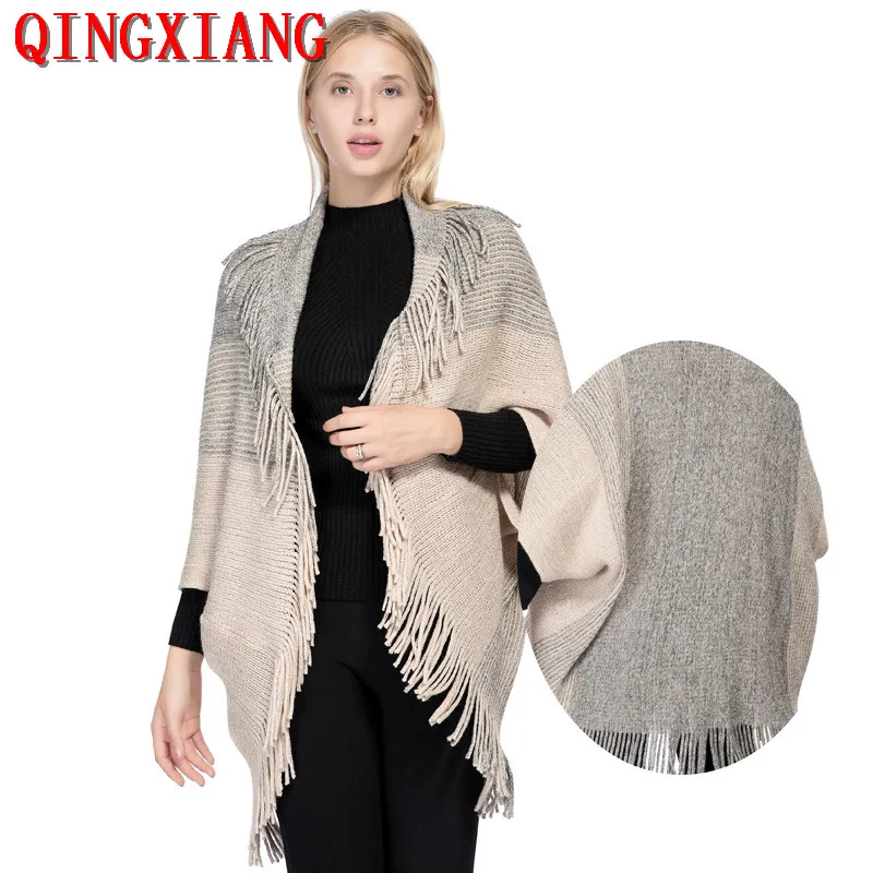 5 Colors Women Oversize Knitwear Winter Knits Loose Striped Poncho Shawl Female Batwing Sleeves Vintage Tassel Long Sweater