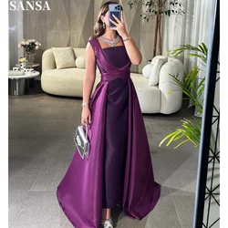 Sansa Purple Satin Elegant Sleeveless Evening Dresses A-line Ankle-length Wedding Dress Detachable Train vestidos de fiesta 2024