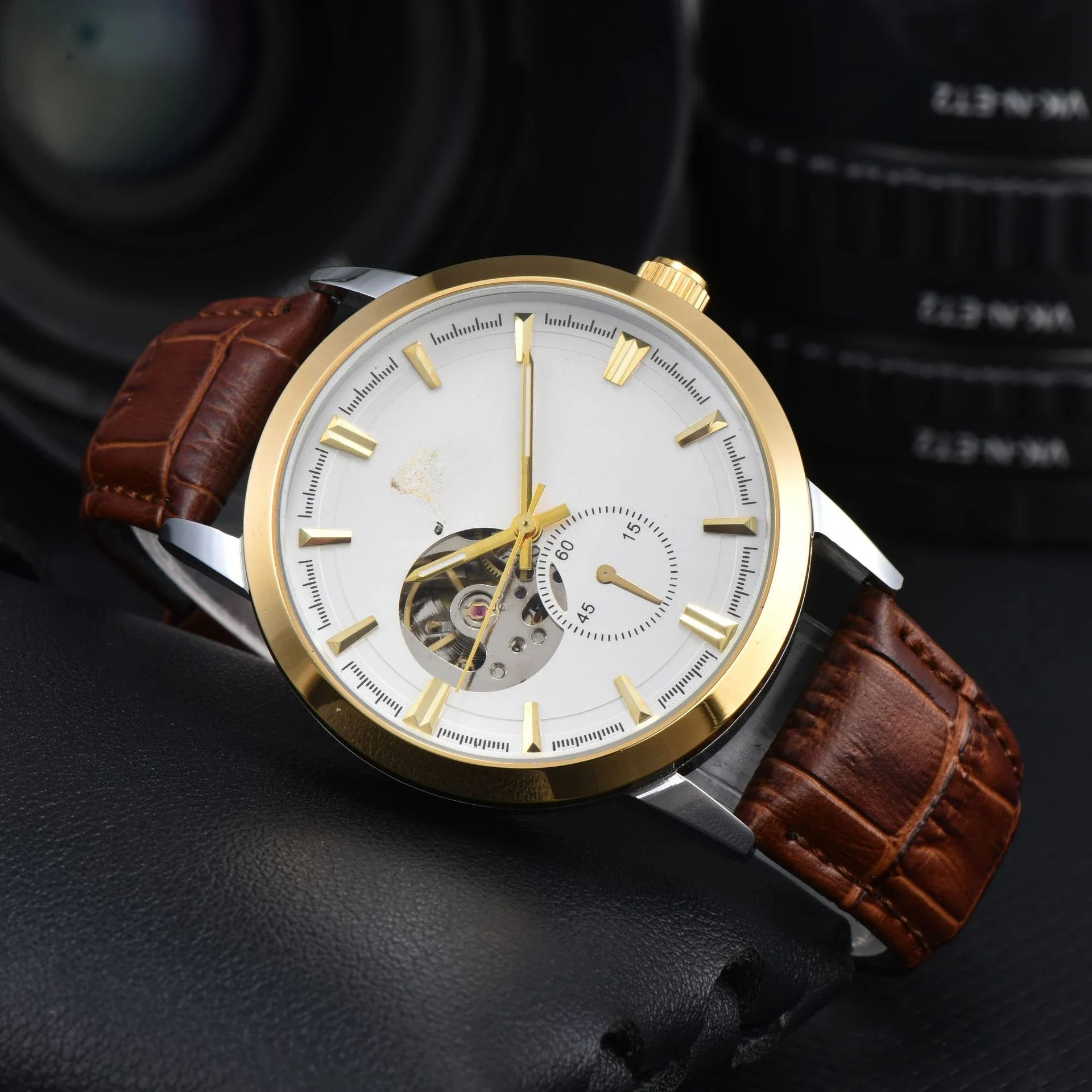Stylish Cool Men's Business Rose Gold Watch, Brown Leather Strap, Transparent Case Back, Men's Automatic Mechanical Watch