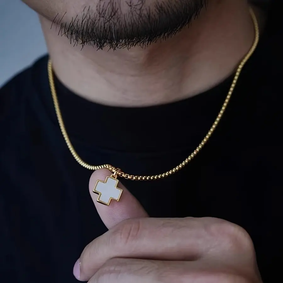 Retro Weiße Acryl-Muschel Kreuz-Anhänger Halskette Hip-Hop Goldfarben Edelstahl Halskette für Männer Mode Schmuck Accessoires – Detail 4