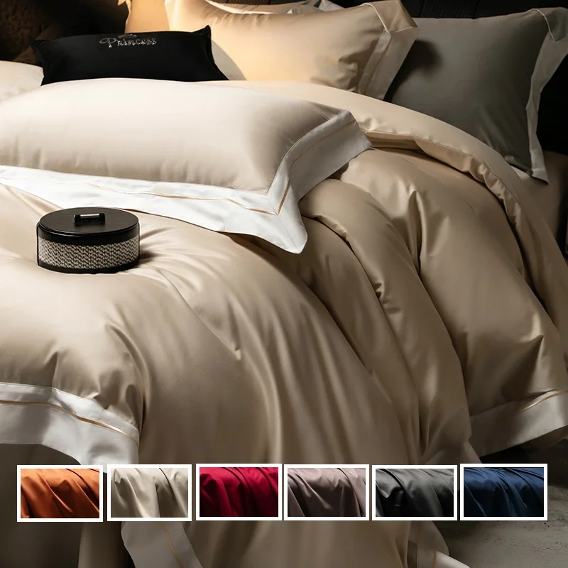 100% Egyptian Cotton Solid Color Soft Comforter Cover Set Flat/Fitted Bed Sheet With Pillowcases Luxury Embroidery Hotel Bedding