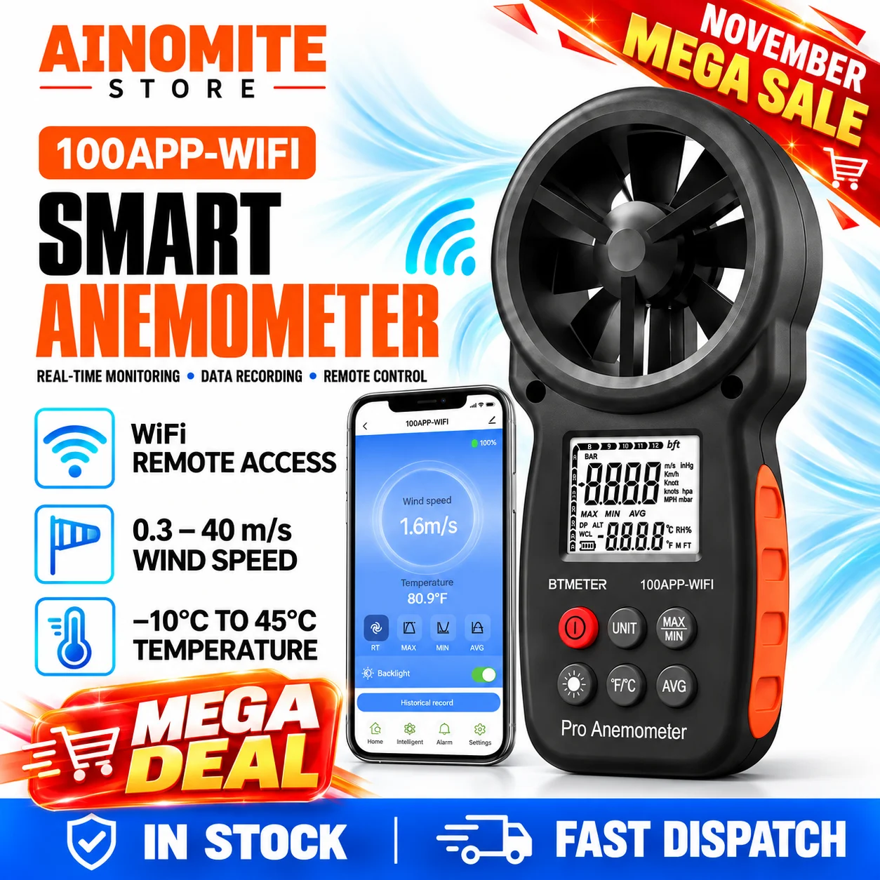 Smart Anemometer APP Control Data Logging, Wind Speed Gauge Temp Meter MAX/MIN/AVG Zigbee for HVAC Drones Sailing