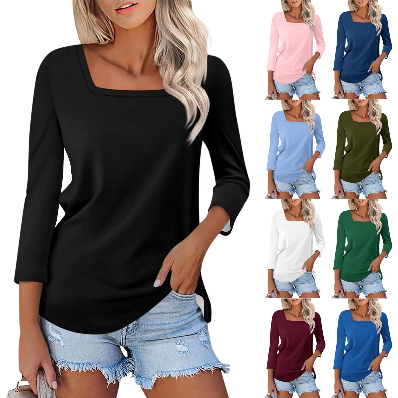 Shirt For Women's Fashion Casual Square Neck 3/4 Sleeve Loose Solid Color T-Shirt Ladies Tops for Women Womens Tops and Blouses