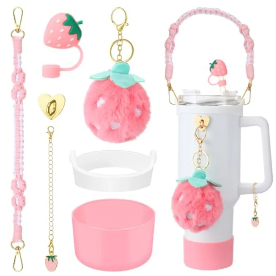 

Набор аксессуаров с розовой клубникой, 6 шт., совместимый с чашкой, розовая бутылка для воды, ручка, ремешок, стакан, силиконовая соломенная крышка, подвеска St
