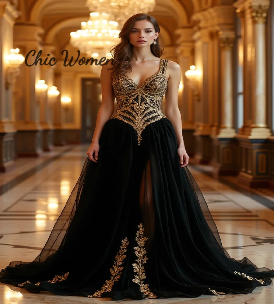 

Гламурное черно-золотое вечернее платье 2021, тюлевое средневековое платье трапециевидной формы на бретельках, очаровательное вечернее платье по индивидуальному заказу