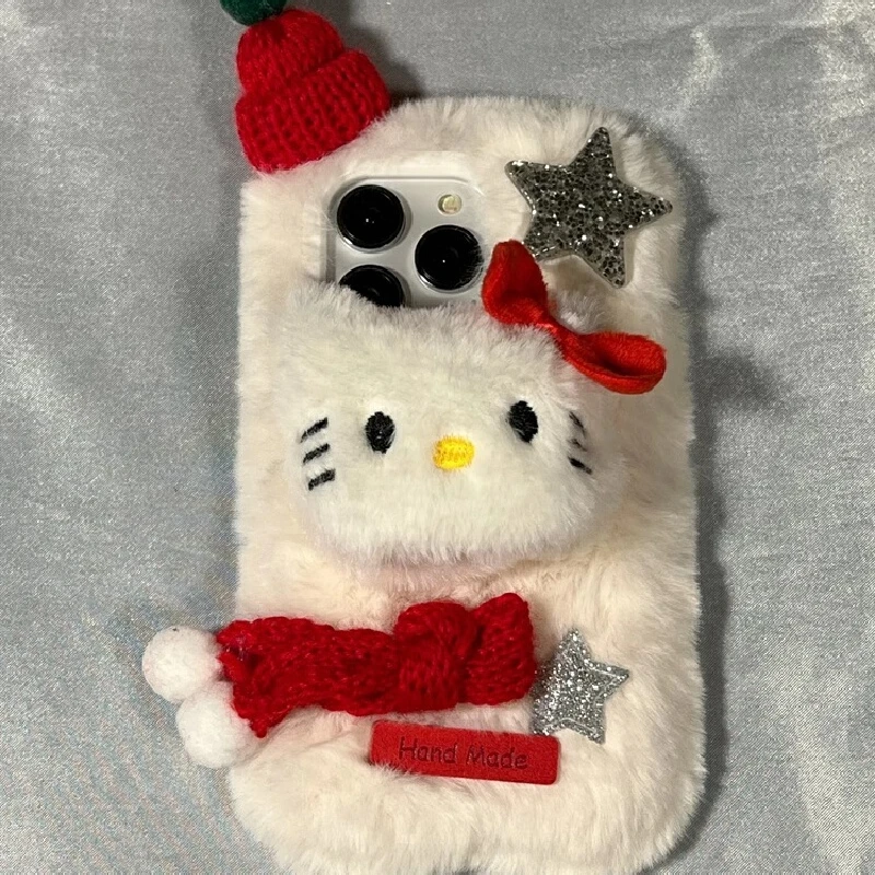 Sanrio Hello Kitty Anime Peripheral Plush Phone Case Suitable For Iphone Winter Warm Plush Christmas Tree Phone Case Gift