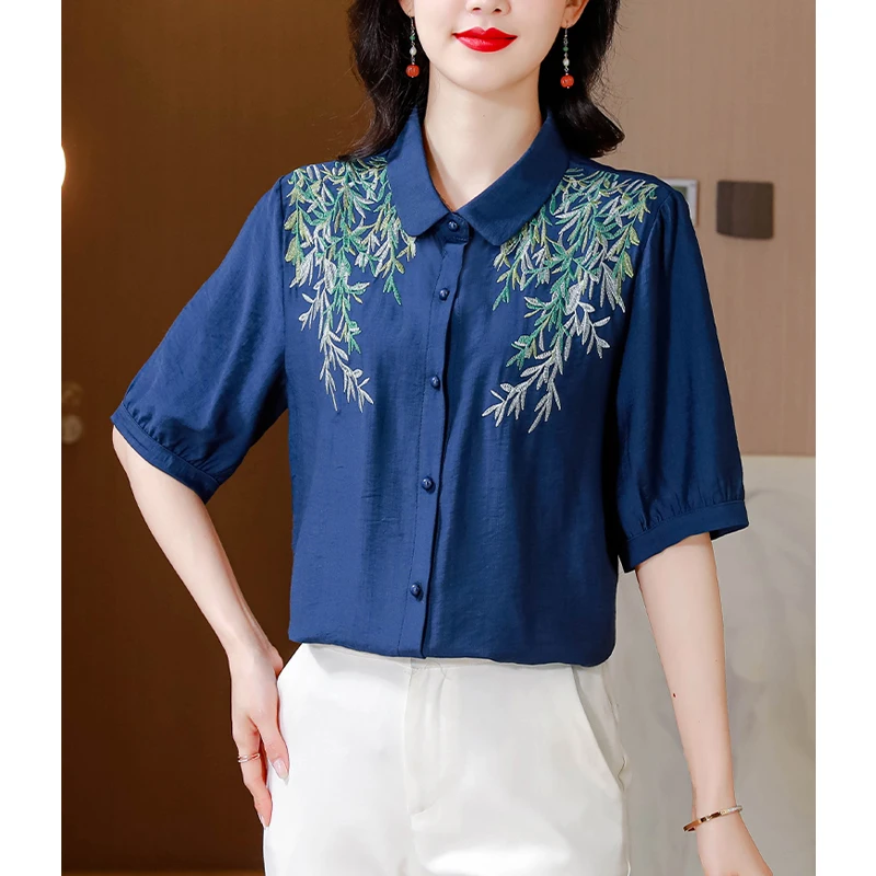 Women Fashion Vintage Embroidered Button Up Shirt 2024 Summer Elegant Cotton Linen Blouse Female Casual Short Sleeve Loose Tops