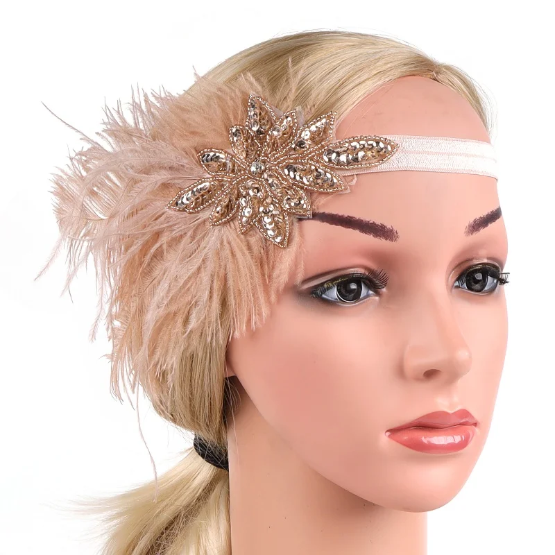 1920s ماكياج الكرة الديكور ريشة عقال غاتسبي حفلة السيدات خوذة فستان عتيق حتى الزعنفة ريشة عقال