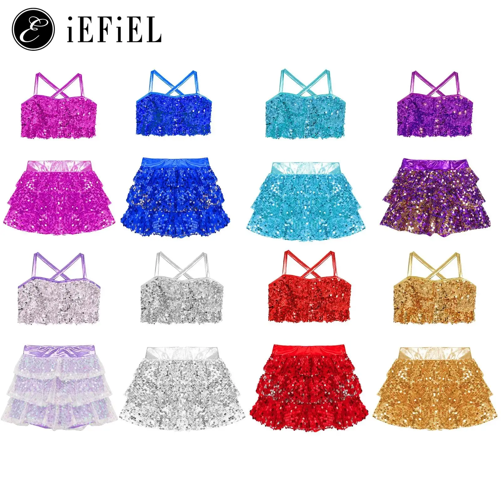 

Girl Modern Jazz Dance Costume Ruffles Sequins Crop Top with Tutu Skirts Modern Hippie Singer Ballroom Stage Suits