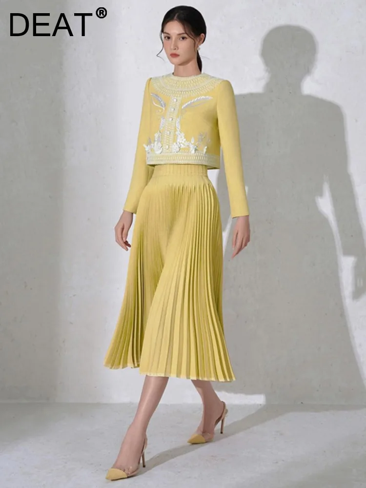 DEAT Elegant 2 Pcs Set O-neck Long Sleeve Embroidery Button Design Short Coat Pleated Skirt Suit Autumn 2024 New Tide 13DB1022