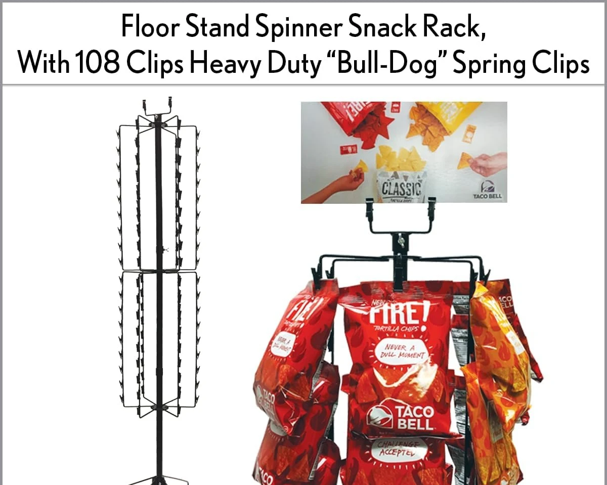 Modern Free Standing Metal Spinner Retail Display Rack Tower With Rotating Rods And Heavy Duty Spring Clips, Portable Commercial Floor Merchandise Hanging Holder Stand Organizer,
