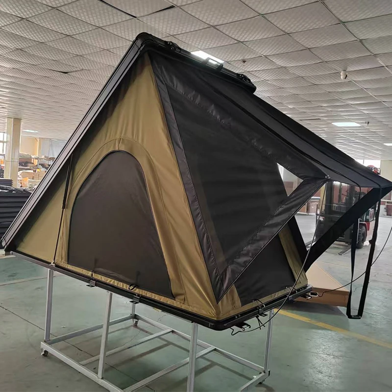 Triangular Aluminum Hard Shell Roof Top Tent with Canvas Fabric Four-Season Waterproof Foldable Camping Tent
