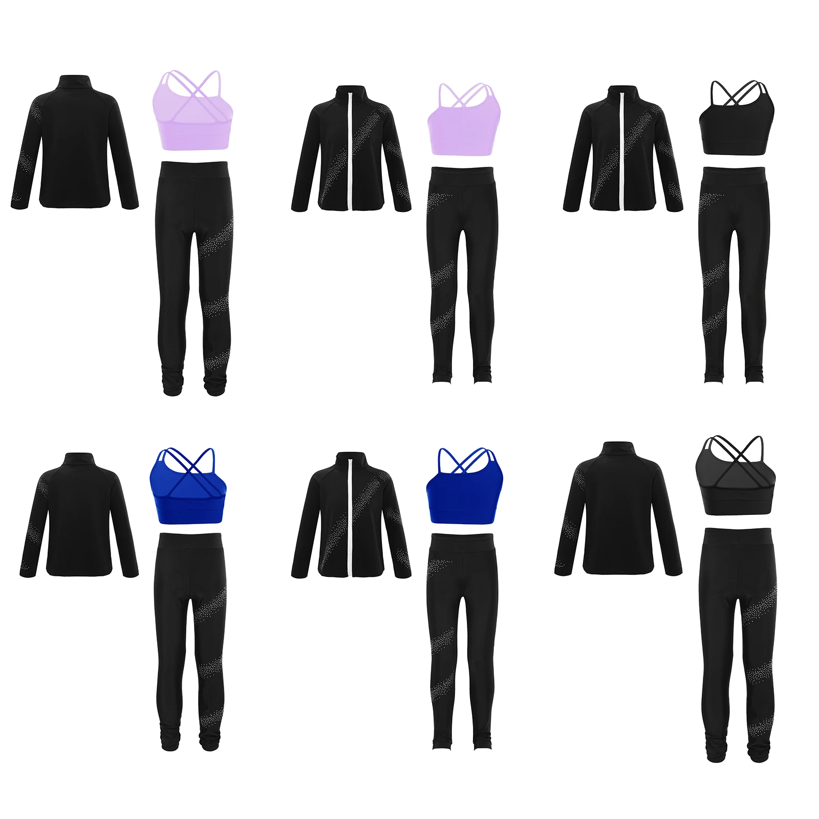 Kids Girls Sports Outfits Figure Skating Dancewear Sleeveless Crop Vest with Long Sleeve Rhinestones Jacket and Pants Suits