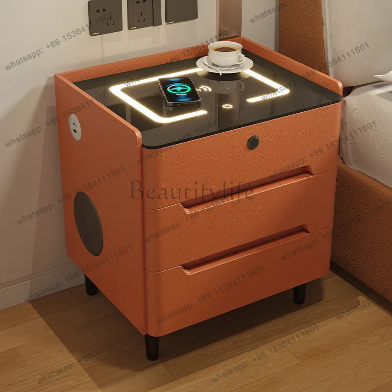Modern simple all-solid wood multi-functional light luxury three-pump wireless charging bedside cabinet