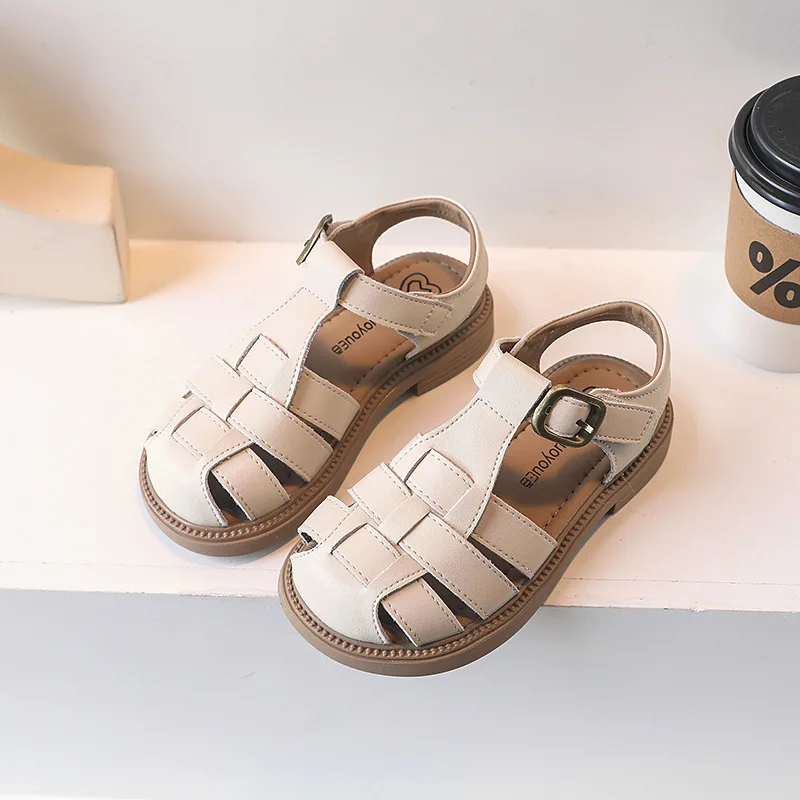 

Cow Leather Kids Sandals Roman Shoes Cross Tied Fisherman Flats