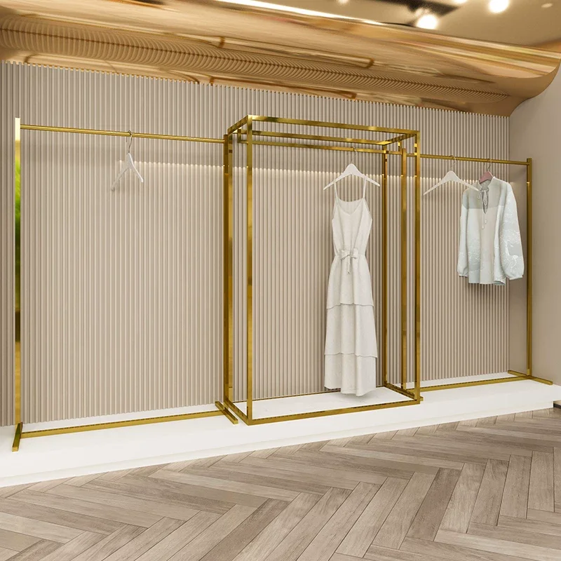custom.Shop Interior Design Retail Clothing Store Furniture Silvery Display Hanging Rack Display  Dress Clothes Shop Stand Fixtu