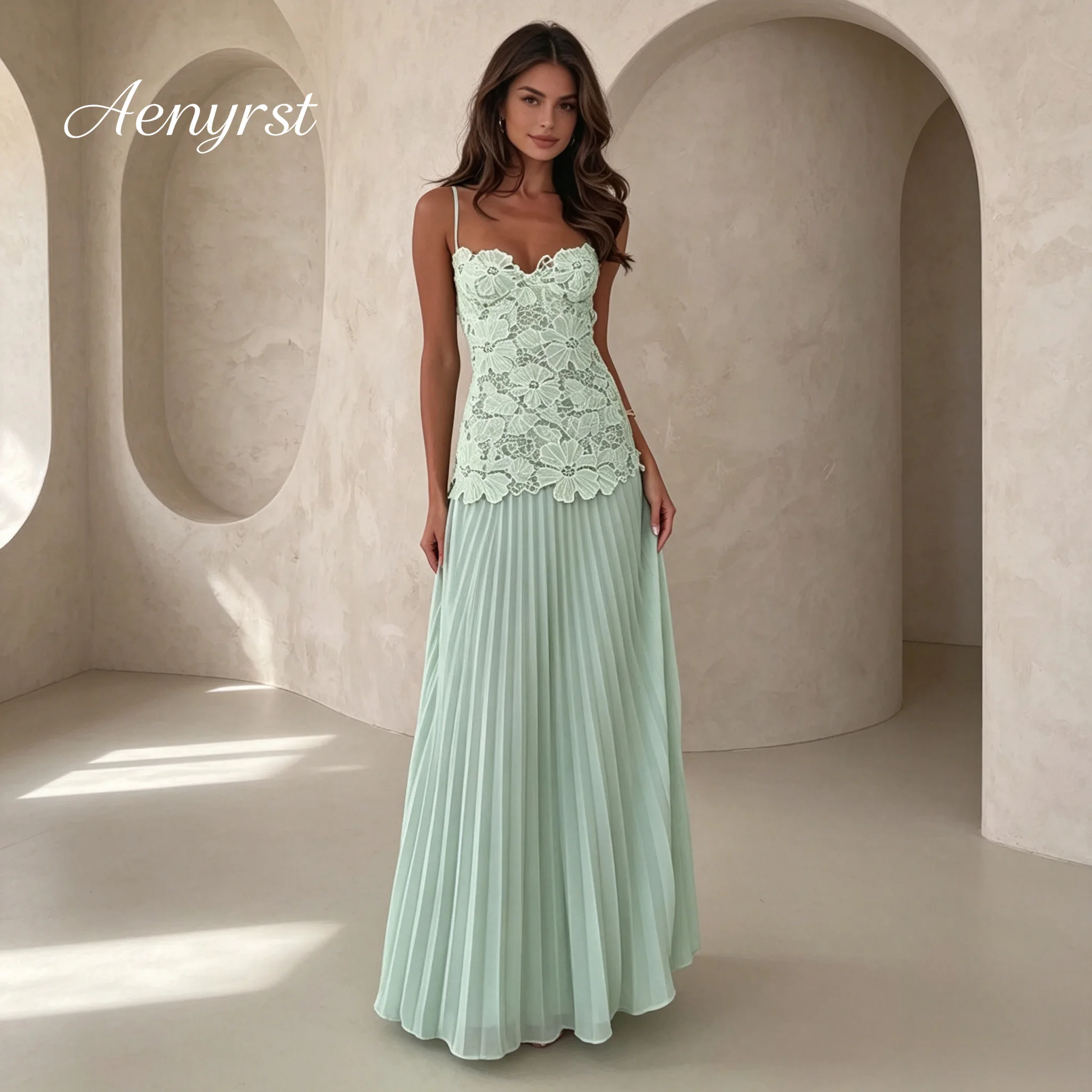 Sage Green Spaghetti Strap Lace Bodice Pleated Chiffon Bridesmaid Maxi Dress Floor‑Length Wedding Party Gown