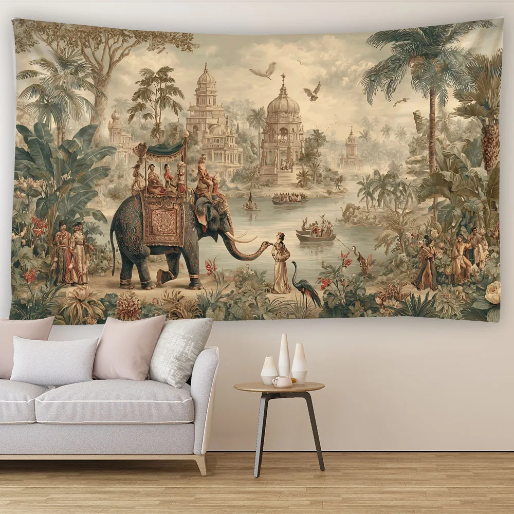 Vintage plant animal tapestry tropical landscape fabric decoration painting, home background poster, bedroom wall decoration