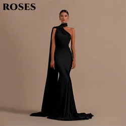 ROSES Black Prom Dress Sexy Backless Halter Mermaid Evening Dresses Sleeveless Satin Party Dress Slim Fit Floor Length 프롬드레스