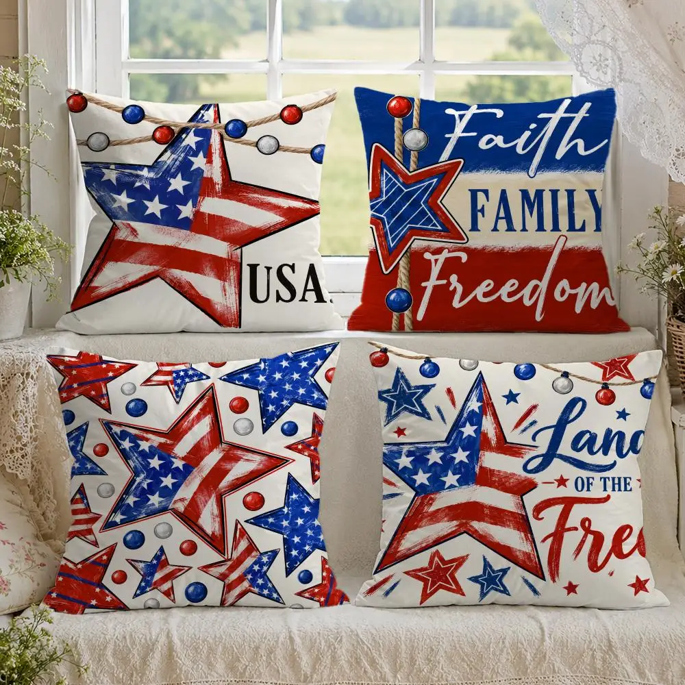 US Flag Stars Independence Day Commemoration Cushion Cover 1/4PCS Linen Sofa Couch Bedroom Living Room Home Decor Pillow Case