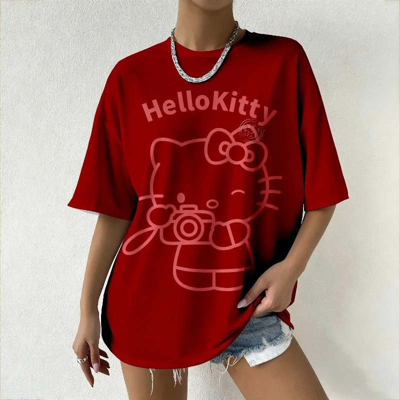 

Fashion Female Oversized T-shirt Hello Kitty Camera Graphic Print Red Short Sleeve Crew Neck Casual Streetwear Summer Clothing
