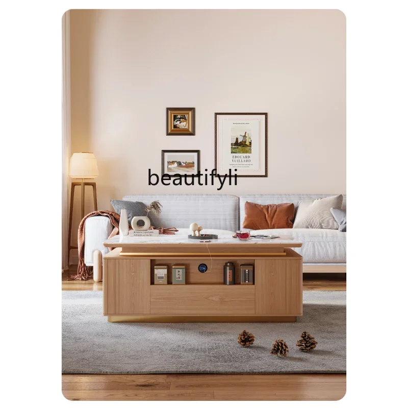 xz1Solid Wood Automatic Lifting Kung Fu Tea Table  Living Room Multi-Functional Log Style Solid Wood Stone Plate Tea Making Tabl