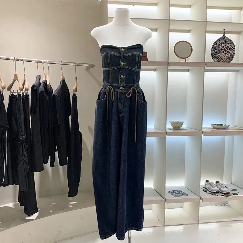 2024 Fashion Denim Strapless Jumpsuit Women Spring Summer High Waist Streetwear Combinaison Femme Elegant Jeans Overalls