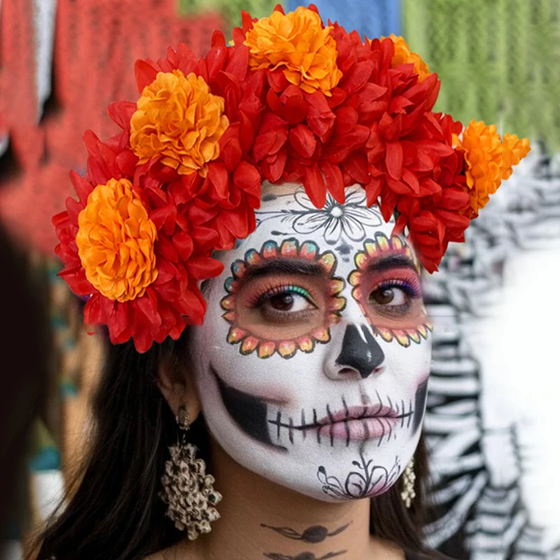 1/3/5PCS Day of the Dead Marigold Flower Crown Headband Cempasuchil Faux Floral Headpiece for Women Catrina Halloween Costume