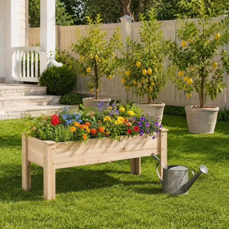 Bac à légumes surélevé en sapin massif avec pieds, jardinière robuste avec trous de drainage, pot de fleurs et d'herbes pour l'extérieur, pour patio et balcon, finition bois naturel, supporte 175 lbs