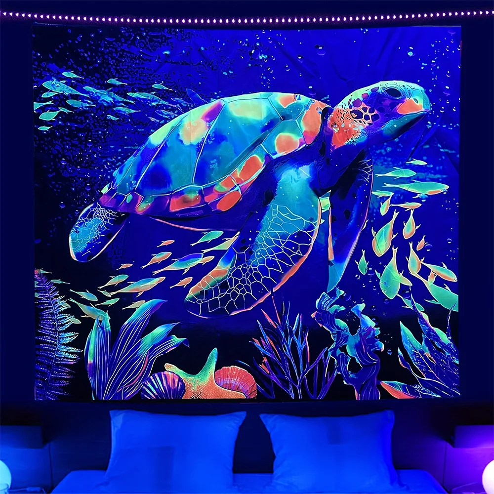 1pc  Neon Sea Turtle Blacklight Tapestry, UV Reactive Ocean Underwater World Wall Hanging for Bedroom Living Room Dorm Decor
