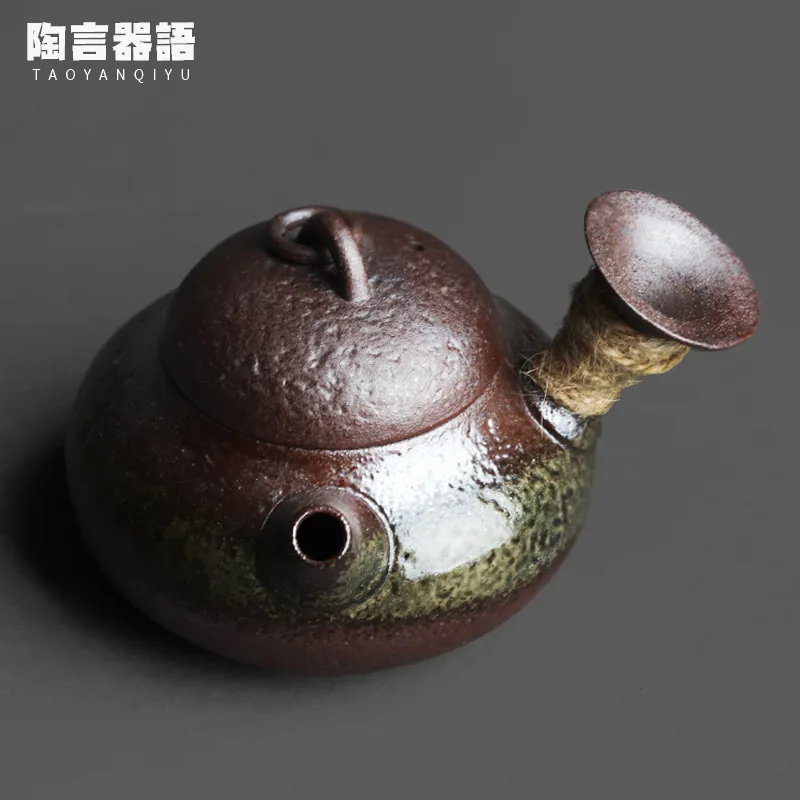 Wood-fired round buckle handle teapot handmade retro pottery personality round duck pear shape tea maker single teapot